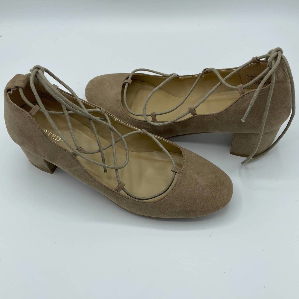 WANTED BRAND TAN TEXTILE UPPER TIES AROUND ANKLE BLOCK HEELS SIZE 9